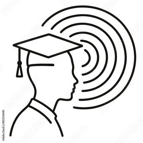 Black line art of student silhouette with expanding mind waves