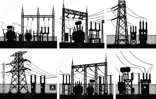 High voltage electrical substation silhouette with transformers, power towers, transmission lines and industrial energy infrastructure, detailed vector illustration design