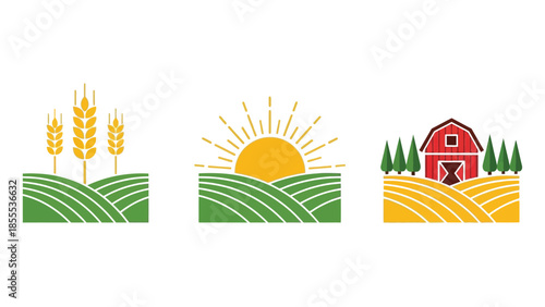 Collection of three agricultural icons showing wheat fields, sunrise hills, and barn scenery
