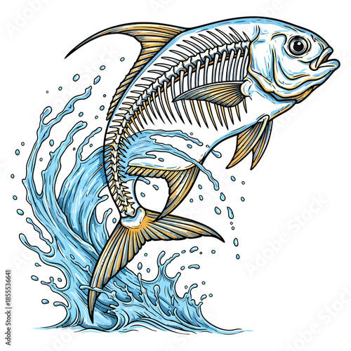 Permit fish skeleton jumping out of water splash illustration