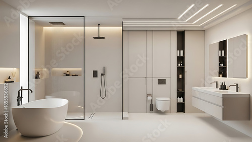 Wallpaper Mural Modern Luxury Bathroom with Freestanding Bathtub, Walk-in Shower, and Double Vanity Torontodigital.ca