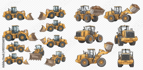 Set of yellow loaders in various poses, construction machinery for earthworks, isolated on white background.