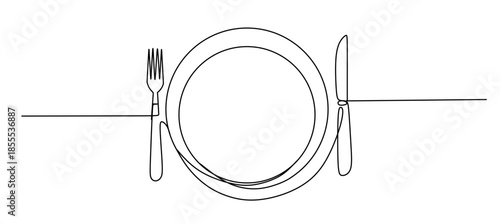 One continuous one line hand drawn plate, bottle, glass, spoon and fork Simple sketch design isolated on white background. outline Vector illustration