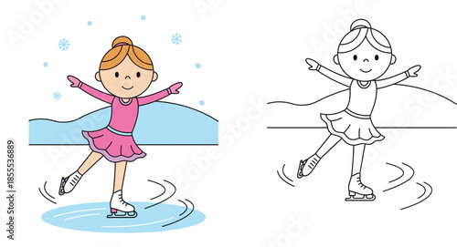 Cute girl ice skating winter sport cartoon character vector illustration with black and white coloring page outline for kids educational worksheet
