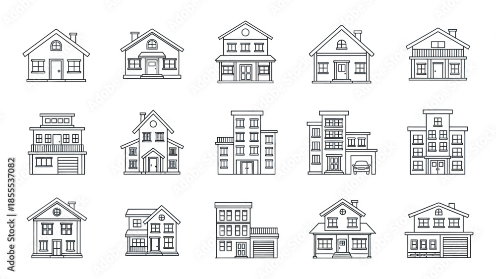 Fototapeta premium Collection of fifteen outline icons representing houses and apartment building styles