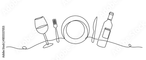 One continuous one line hand drawn plate, bottle, glass, spoon and fork Simple sketch design isolated on white background. outline Vector illustration