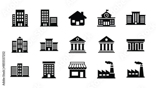 Collection of black silhouette icons representing residential, commercial, and industrial buildings