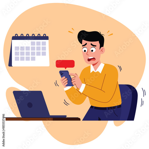 Worried man in yellow sweater and blue pants holding a smartphone with a red notification bubble, sitting at a desk with a dark blue laptop