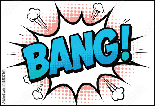 Blue comic book bang speech bubble with pink halftone background and dynamic explosion elements for pop art designs.