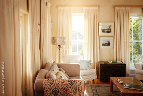 Canvas Print Empty, interior and lounge with furniture in home for real estate, listing and property viewing