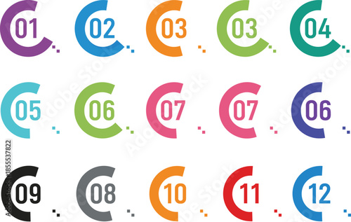 Colorful infographic number icon set from one to twelve with stylized circular frames for timelines and step-by-step guides.