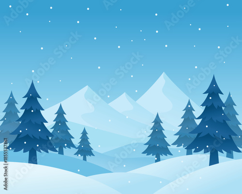Peaceful winter landscape with snowy pine trees, soft falling snow, and blue mountains under a clear sky, creating a calm seasonal scene.
