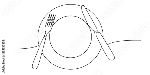 One continuous one line hand drawn plate, bottle, glass, spoon and fork Simple sketch design isolated on white background. outline Vector illustration