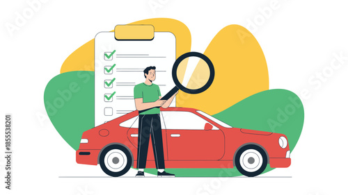 A professional auto inspector conducting a thorough inspection of a red vehicle using a magnifying glass and checklist