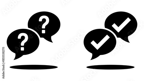 Question mark and checkmark icons illustrating the process from inquiry to resolution