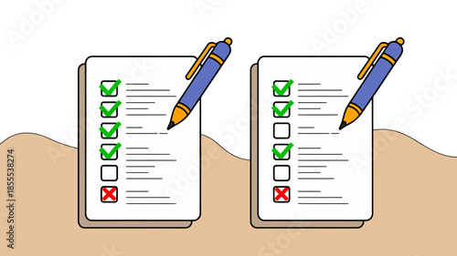 Completing tasks on duplicate checklists with pens indicating success and failure