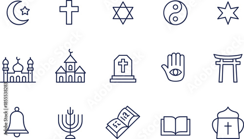 Religious and Spiritual Icon Set for World Religions Christianity Islam Judaism Buddhism Hinduism Faith Symbols Sacred Buildings Prayer and Global Beliefs