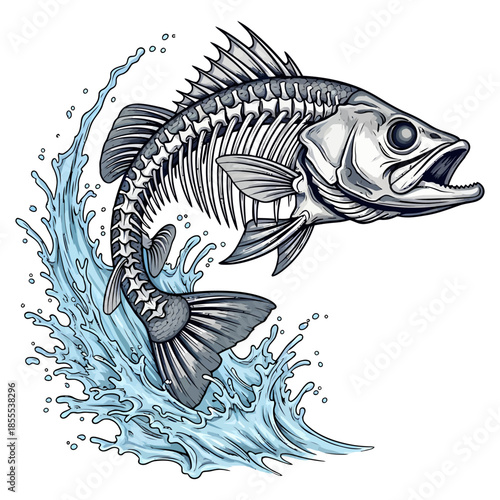 Walleye fish skeleton jumping out of water with blue splash illustration
