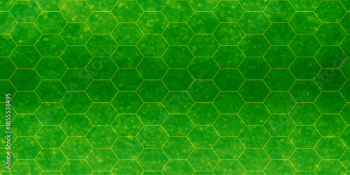 Seamless vector illustration of a green snake skin texture featuring a 3d geometric honeycomb pattern and black hexagonal mesh grid structure for a modern wallpaper design