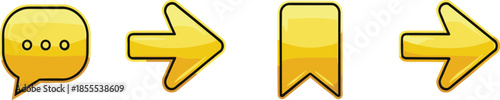 Golden glossy UI icon set featuring a speech bubble, directional arrows, and bookmark ribbon for mobile game app interfaces.