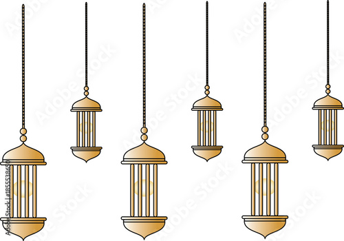 A collection of hanging golden traditional Islamic lanterns, elegantly designed for festive decorations and cultural celebrations like Ramadan and Eid Mubarak