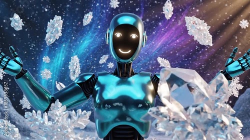 Shiny Teal Robot Surrounded by Snowflakes against a Starry Galaxy Backdrop with Happy Expression and Arms Raised