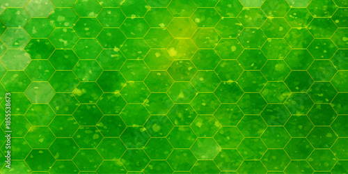 Seamless green abstract background featuring a geometric honeycomb texture with hexagonal mesh cells and a light mosaic pattern design