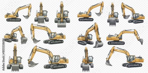 Set of yellow excavators with different views and angles for construction and digging work.