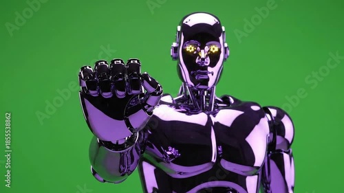 Silver Robot Raising Hand in Stop Gesture with Glowing Eyes on Green Screen Background for Technology and Future Concepts