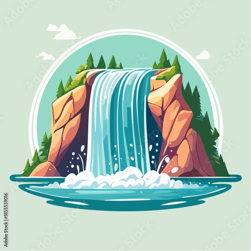 Cartoon illustration of a waterfall cascading over rocks into a pool of water.