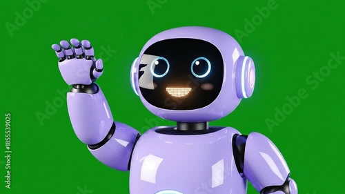 Smiling Purple Robot Waving Hand on Green Screen Background, Friendly Expression, Modern Design, Technology Concept
