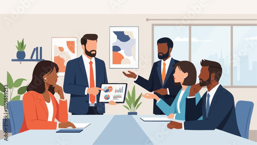 Business team discussing data charts on tablet in modern office with collaborative 