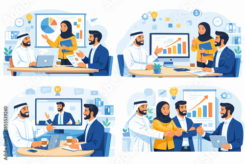 Multicultural business collaboration in modern office setting with charts, teamwork, and celebration