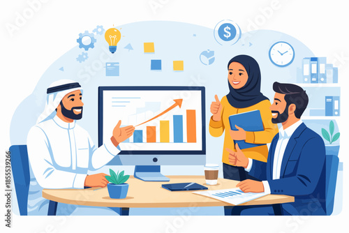 Professional business meeting with growth chart and teamwork in modern multicultural office