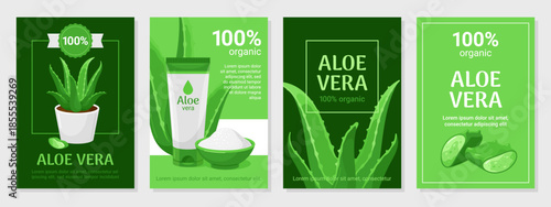 Various aloe vera advertising banners showcasing the plant s natural products and medicinal properties in a simple flat design.