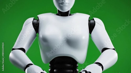 White Android Robot with Glowing Orange Eyes Gesturing on Green Screen Background Isolated and ready for Compositing Technology