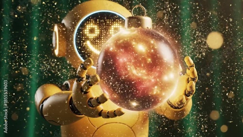 Yellow Robot Holding a Christmas Ornament with Gold Particles Against Green Background Animated Merry and Bright Seasonal Festive