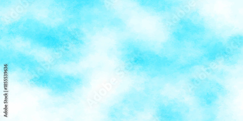 A beautiful abstract blue watercolor background features fluffy white clouds in a bright sunny sky for a clear summer day atmosphere