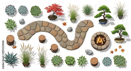 Garden design elements with stone pathway and fire pit
