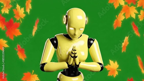 Yellow Robot Meditating Against a Green Screen Background Surrounded by Animated Autumn Leaves Falling with Hands Clasped and