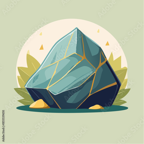 Illustration of a blue-green gemstone with gold veins on a light green background.