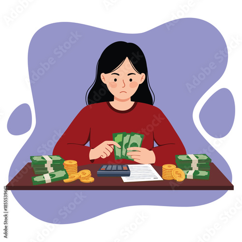 A worried woman with black hair and a red shirt counts green banknotes. Stacks of money, gold coins, a calculator, and paper are on the brown desk