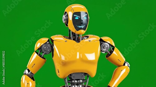 Yellow Robot Posing Confidently on Green Screen Background: AI Persona with Confident Expression and Metallic Details isolated