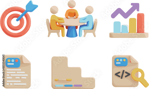 3D business analytics icon set with teamwork meeting, target goal, growth chart, data report, dashboard, strategy, success concept