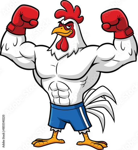 Cartoon rooster flexing muscles with boxing gloves, strong bird character, athletic pose, fighting spirit, humor - flat vector illustration