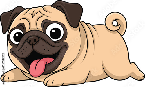 Cartoon pug lying playfully with tongue out, cheerful dog character, tan body, wrinkled face, cute pet - flat vector illustration