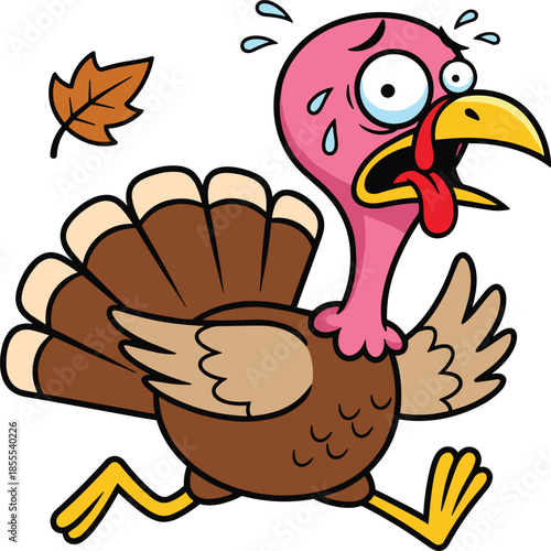 Cartoon turkey running in panic, funny Thanksgiving escape, sweating bird, autumn leaf, scared expression, holiday humor - flat vector illustration