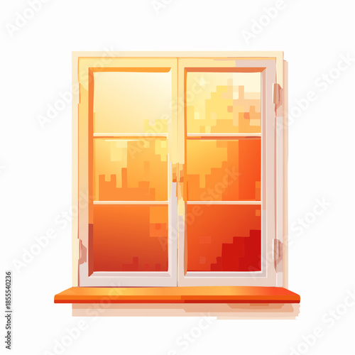 Illustration of a white window with an orange cityscape reflected in the glass panes.