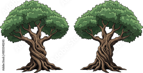 Cartoon twin trees with twisted trunks, lush green foliage, symmetrical fantasy design, whimsical forest elements, nature art - flat vector illustration
