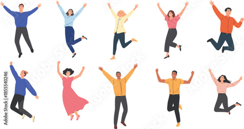 Happy jumping people illustration set with men and women celebrating success, joy, freedom, positive emotions, diversity, flat cartoon characters
